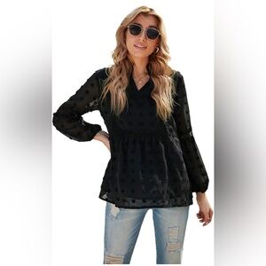 Women Chiffon Blouses  Swiss Dot Lantern Sleeve Tunic Loose Babydoll Shirts Tops